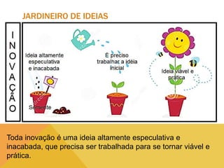 JARDINEIRO DE IDEIAS

Toda inovação é uma ideia altamente especulativa e
inacabada, que precisa ser trabalhada para se tornar viável e
prática.

 