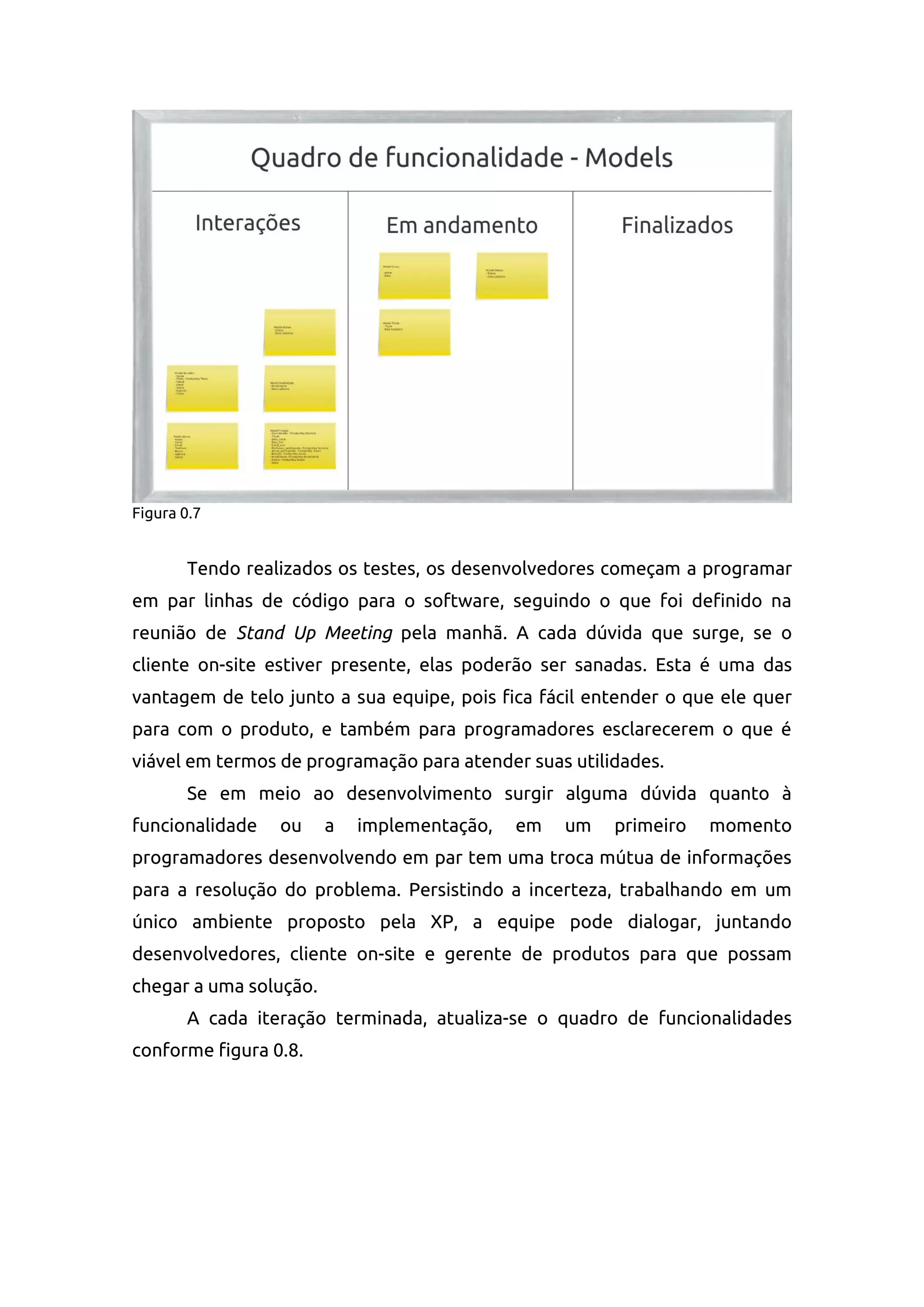 Figura 0.7
Tendo realizados os testes, os desenvolvedores começam a programar
em par linhas de código para o software, seguindo o que foi definido na
reunião de Stand Up Meeting pela manhã. A cada dúvida que surge, se o
cliente on-site estiver presente, elas poderão ser sanadas. Esta é uma das
vantagem de telo junto a sua equipe, pois fica fácil entender o que ele quer
para com o produto, e também para programadores esclarecerem o que é
viável em termos de programação para atender suas utilidades.
Se em meio ao desenvolvimento surgir alguma dúvida quanto à
funcionalidade ou a implementação, em um primeiro momento
programadores desenvolvendo em par tem uma troca mútua de informações
para a resolução do problema. Persistindo a incerteza, trabalhando em um
único ambiente proposto pela XP, a equipe pode dialogar, juntando
desenvolvedores, cliente on-site e gerente de produtos para que possam
chegar a uma solução.
A cada iteração terminada, atualiza-se o quadro de funcionalidades
conforme figura 0.8.
 