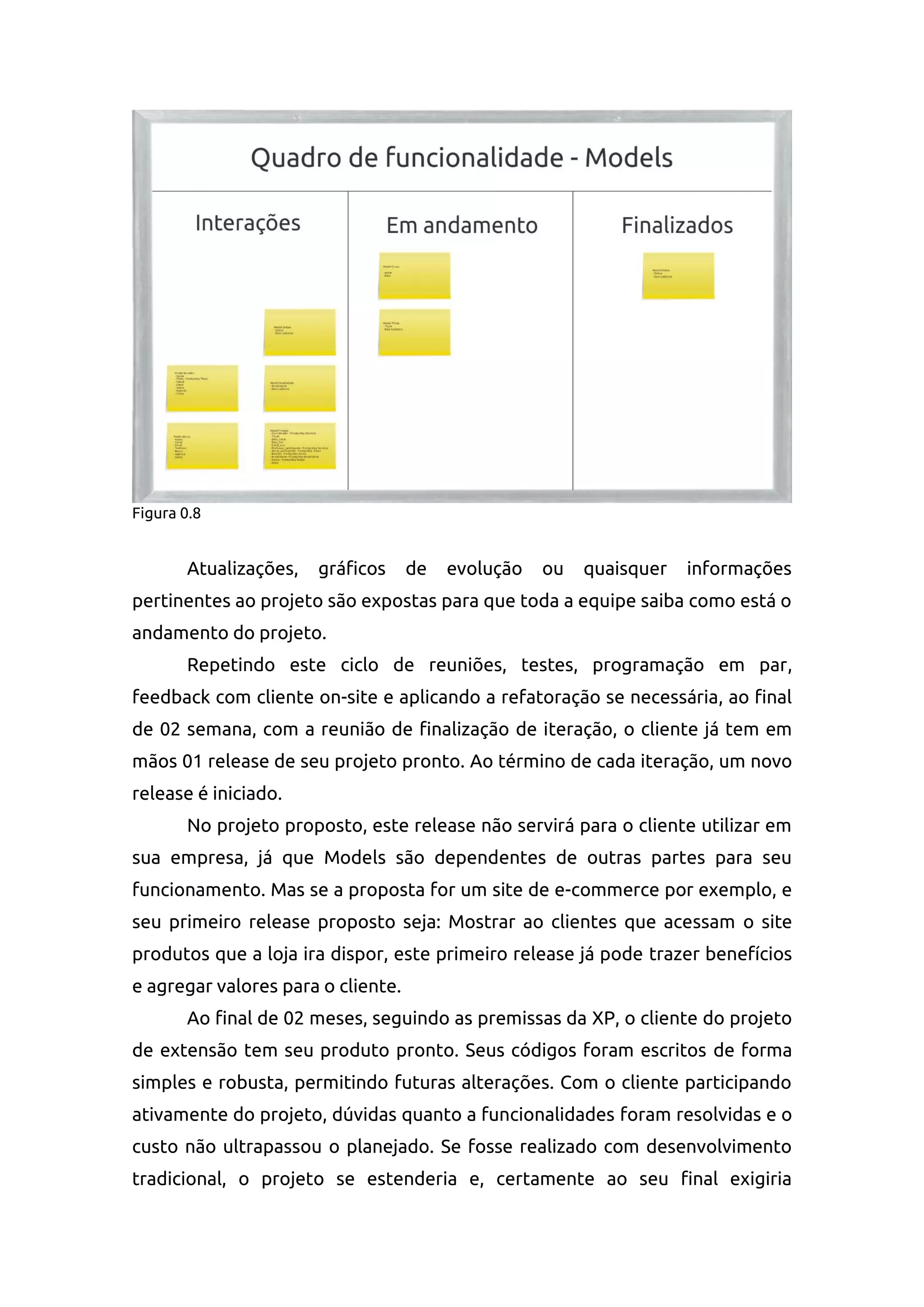 Figura 0.8
Atualizações, gráficos de evolução ou quaisquer informações
pertinentes ao projeto são expostas para que toda a equipe saiba como está o
andamento do projeto.
Repetindo este ciclo de reuniões, testes, programação em par,
feedback com cliente on-site e aplicando a refatoração se necessária, ao final
de 02 semana, com a reunião de finalização de iteração, o cliente já tem em
mãos 01 release de seu projeto pronto. Ao término de cada iteração, um novo
release é iniciado.
No projeto proposto, este release não servirá para o cliente utilizar em
sua empresa, já que Models são dependentes de outras partes para seu
funcionamento. Mas se a proposta for um site de e-commerce por exemplo, e
seu primeiro release proposto seja: Mostrar ao clientes que acessam o site
produtos que a loja ira dispor, este primeiro release já pode trazer benefícios
e agregar valores para o cliente.
Ao final de 02 meses, seguindo as premissas da XP, o cliente do projeto
de extensão tem seu produto pronto. Seus códigos foram escritos de forma
simples e robusta, permitindo futuras alterações. Com o cliente participando
ativamente do projeto, dúvidas quanto a funcionalidades foram resolvidas e o
custo não ultrapassou o planejado. Se fosse realizado com desenvolvimento
tradicional, o projeto se estenderia e, certamente ao seu final exigiria
 