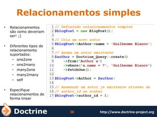 Relacionamentos simples Relacionamentos são como deveriam ser! ;) Diferentes tipos de relacionamento suportados: one2one one2many many2one many2many s elf Especifique relacionamentos de forma linear 