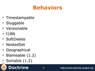 Behaviors Timestampable Sluggable Versionable I18N SoftDelete NestedSet Geographical Blameable (1.2) Sortable (1.2) 