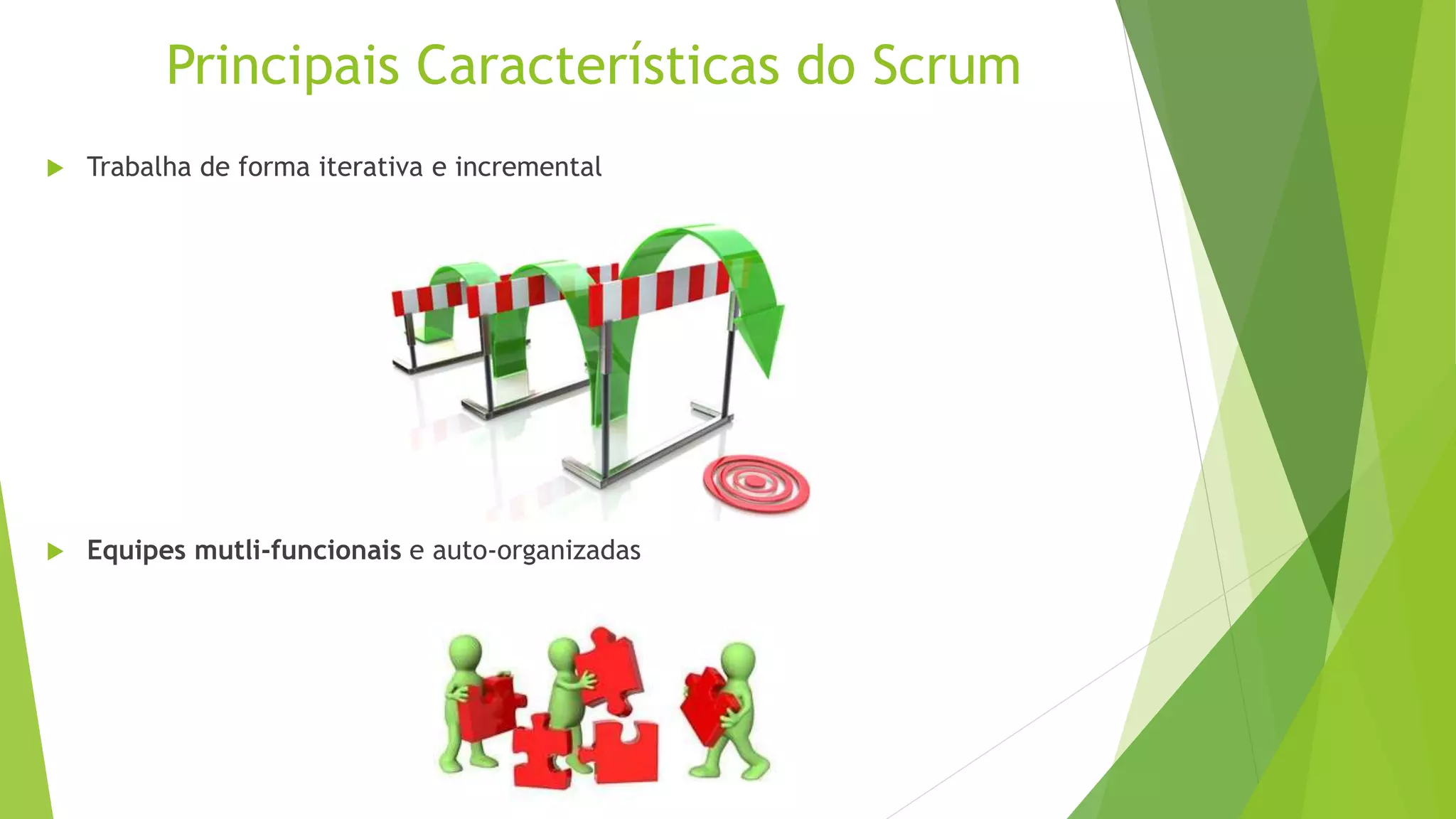 Principais Características do Scrum
 Trabalha de forma iterativa e incremental
 Equipes mutli-funcionais e auto-organizadas
 