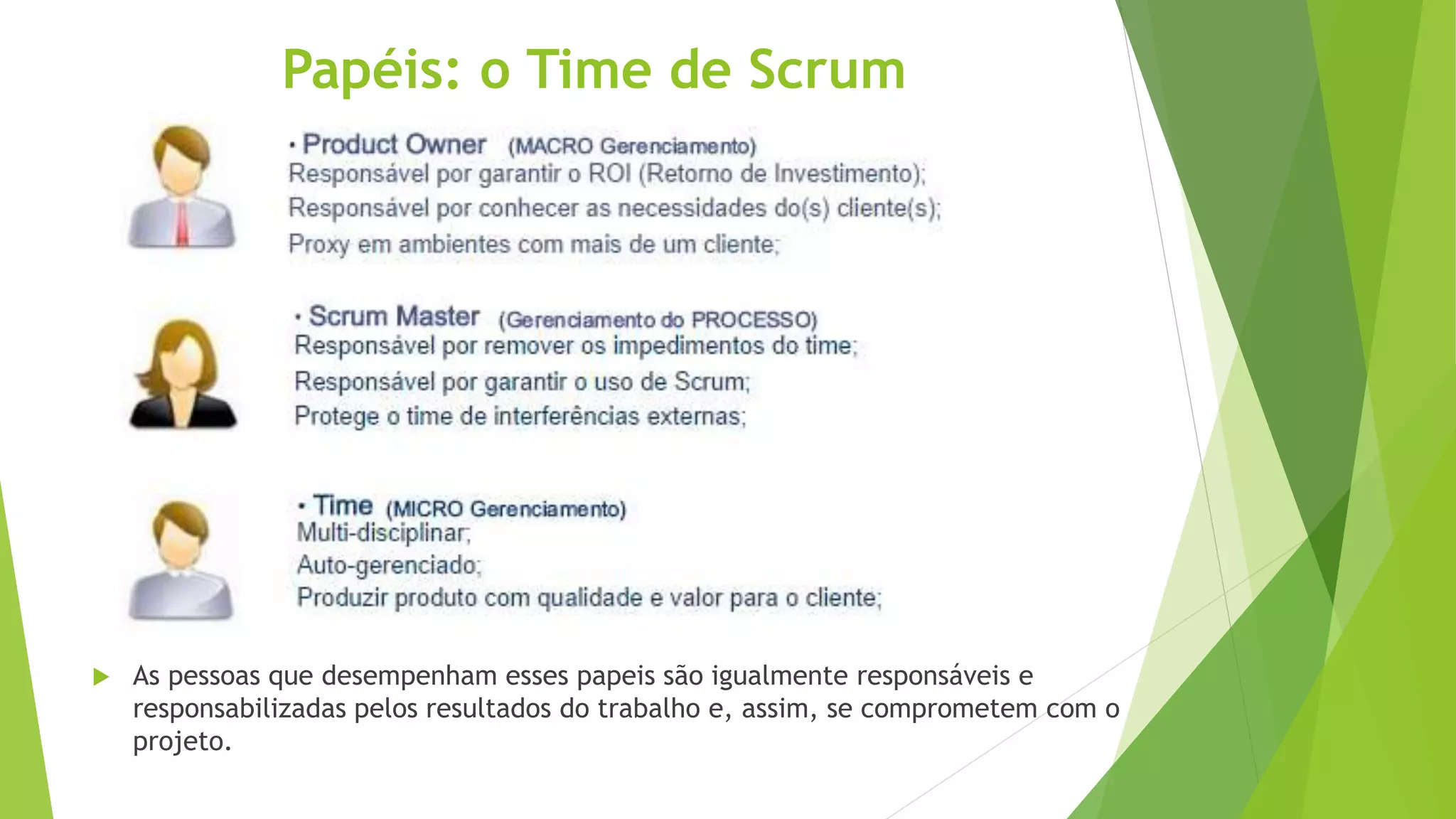  As pessoas que desempenham esses papeis são igualmente responsáveis e
responsabilizadas pelos resultados do trabalho e, assim, se comprometem com o
projeto.
Papéis: o Time de Scrum
 