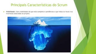 Principais Características do Scrum
 Visibilidade: clara visibilidade do que está completo e pendências o que reduz os riscos e as
incertezas associadas ao projeto.
 