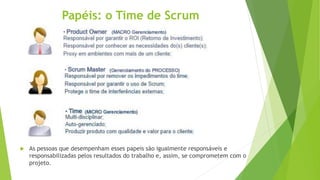  As pessoas que desempenham esses papeis são igualmente responsáveis e
responsabilizadas pelos resultados do trabalho e, assim, se comprometem com o
projeto.
Papéis: o Time de Scrum
 
