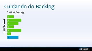 Cuidando do Backlog
           Product Backlog
            3
            8

            5
Priority




            3

            8
            1

            5
 