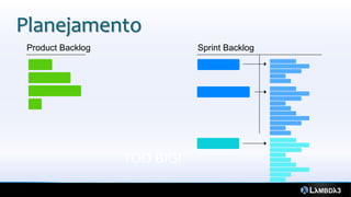 Planejamento
 Product Backlog              Sprint Backlog




                   TOO BIG!
 