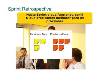Sprint Retrospective
        Neste Sprint o que funcionou bem?
        O que precisamos melhorar para os
                    próximos?



          Funcionou Bem   Precisa melhorar
 