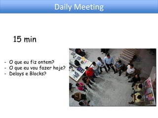Daily Meeting


   15 min

- O que eu fiz ontem?
- O que eu vou fazer hoje?
- Delays e Blocks?
 