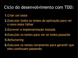 Ciclo do desenvolvimento com TDD: Criar um teste Executar todos os testes da aplicação para ver o novo teste falhar Escrever a implementação testada Executar os testes para ver se todos passarão Refactoring Executar os testes novamente para garantir que eles continuam passando 