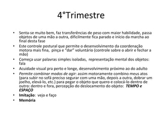 4°Trimestre
•   Senta-se muito bem, faz transferências de peso com maior habilidade, passa
    objetos de uma mão a outra, dificilmente fica parado e início da marcha ao
    final desta fase
•   Este controle postural que permite o desenvolvimento da coordenação
    motora mais fina, pinça e “dar” voluntário (controle sobre o abrir e fechar a
    mão)
•   Começa usar palavras simples isoladas, representação mental dos objetos:
    fala
•   Acuidade visual pra perto e longe, desenvolvimento próximo ao do adulto
•   Permite combinar modos de agir: assim motoramente combino meus atos
    (para subir no sofá preciso segurar com uma mão, depois a outra, dobrar um
    joelho, elevá-lo, etc.) para pegar o objeto que quero e colocá-lo dentro de
    outro: dentro e fora, percepção do deslocamento do objeto: TEMPO e
    ESPAÇO
•   Imitação: vejo e faço
•   Memória
 