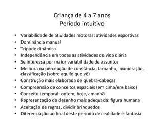 Criança de 4 a 7 anos
                      Período intuitivo
•   Variabilidade de atividades motoras: atividades esportivas
•   Dominância manual
•   Trípode dinâmica
•   Independência em todas as atividades de vida diária
•   Se interessa por maior variabilidade de assuntos
•   Melhora na percepção de constância, tamanho, numeração,
    classificação (sobre aquilo que vê)
•   Construção mais elaborada de quebra-cabeças
•   Compreensão de conceitos espaciais (em cima/em baixo)
•   Conceito temporal: ontem, hoje, amanhã
•   Representação do desenho mais adequada: figura humana
•   Aceitação de regras, dividir brinquedos
•   Diferenciação ao final deste período de realidade e fantasia
 