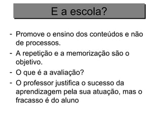 Promove o ensino dos conteúdos e não de processos. A repetição e a memorização são o objetivo. O que é a avaliação? O professor justifica o sucesso da aprendizagem pela sua atuação, mas o fracasso é do aluno E a escola? 
