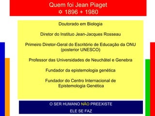 O SER HUMANO   NÃO   PREEXISTE ELE SE FAZ Quem foi Jean Piaget    1896 + 1980 Doutorado em Biologia Diretor do Instituo Jean-Jacques Rosseau Primeiro Diretor-Geral do Escritório de Educação da ONU (posterior UNESCO) Professor das Universidades de Neuchâtel e Genebra Fundador da epistemologia genética Fundador do Centro Internacional de Epistemologia Genética 