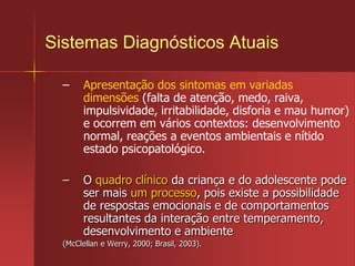 Psicopatologia da Infância e da AdolescênciaOperações Mentais envolvidas em um transtorno mental:Funções neuropsicológicas (memória, atenção, funções executivas); Outras atividades psíquicas (raciocínio, julgamento, emoções, consciência, percepções, sentimentos).
