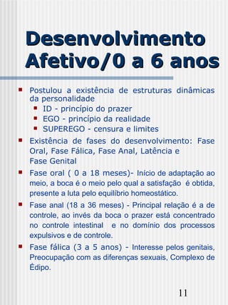 11
DesenvolvimentoDesenvolvimento
Afetivo/0 a 6 anosAfetivo/0 a 6 anos
 Postulou a existência de estruturas dinâmicas
da personalidade
 ID - princípio do prazer
 EGO - princípio da realidade
 SUPEREGO - censura e limites
 Existência de fases do desenvolvimento: Fase
Oral, Fase Fálica, Fase Anal, Latência e
Fase Genital
 Fase oral ( 0 a 18 meses)- Início de adaptação ao
meio, a boca é o meio pelo qual a satisfação é obtida,
presente a luta pelo equilíbrio homeostático.
 Fase anal (18 a 36 meses) - Principal relação é a de
controle, ao invés da boca o prazer está concentrado
no controle intestinal e no domínio dos processos
expulsivos e de controle.
 Fase fálica (3 a 5 anos) - Interesse pelos genitais,
Preocupação com as diferenças sexuais, Complexo de
Édipo.
 
