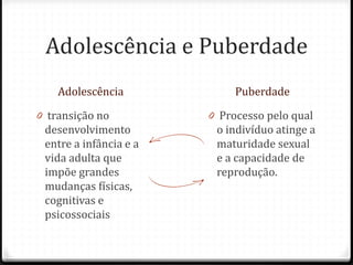 Adolescência e Puberdade
    Adolescência             Puberdade

0 transição no          0 Processo pelo qual
 desenvolvimento         o indivíduo atinge a
 entre a infância e a    maturidade sexual
 vida adulta que         e a capacidade de
 impõe grandes           reprodução.
 mudanças físicas,
 cognitivas e
 psicossociais
 