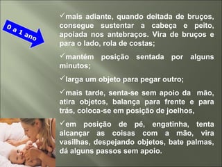 mais adiante, quando deitada de bruços,
consegue sustentar a cabeça e peito,
apoiada nos antebraços. Vira de bruços e
para o lado, rola de costas;
mantém posição sentada por alguns
minutos;
larga um objeto para pegar outro;
mais tarde, senta-se sem apoio da mão,
atira objetos, balança para frente e para
trás, coloca-se em posição de joelhos,
em posição de pé, engatinha, tenta
alcançar as coisas com a mão, vira
vasilhas, despejando objetos, bate palmas,
dá alguns passos sem apoio.
0 a 1 ano
 