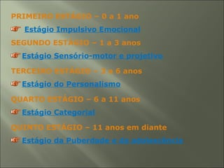 PRIMEIRO ESTÁGIO – 0 a 1 ano
Estágio Impulsivo Emocional
SEGUNDO ESTÁGIO – 1 a 3 anos
Estágio Sensório-motor e projetivo
TERCEIRO ESTÁGIO – 3 a 6 anos
Estágio do Personalismo
QUARTO ESTÁGIO – 6 a 11 anos
Estágio Categorial
QUINTO ESTÁGIO – 11 anos em diante
Estágio da Puberdade e da adolescência
 