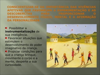 CONSCIENTIZAR-SE DA IMPORTÂNCIA DAS VIVÊNCIAS
AFETIVAS QUE FAVOREÇAM A EXPERIMENTAÇÃO E AS
DESCOBERCTAS PARA PROPORCIONAR O
DESENVOLVIMENTO FÍSICO, MENTAL E A AFIRMAÇÃO
DA PERSONALIDADE.
Possibilitar a
instrumentalização de
sua inteligência.
Favorecer situações que
estimulem o
desenvolvimento do poder
imaginativo da criança.
Propiciar condições para
que a criança brinque,
movimente o corpo e a
mente, desperte a sua
curiosidade.
 