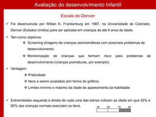 90% das crianças normais executam os itens.
Escala de Denver
 Foi desenvolvida por Willian K. Frankenburg em 1967, na Universidade de Colorado,
Denver (Estados Unidos) para ser aplicada em crianças de até 6 anos de idade.
 Tem como objetivos:
 Screening (triagem) de crianças assintomáticas com possíveis problemas de
desenvolvimento;
 Monitorização de crianças que tenham risco para problemas de
desenvolvimento (crianças prematuras, por exemplo).
 Vantagem:
 Praticidade
 Itens a serem avaliados (em forma de gráfico)
 Limites mínimo e máximo da idade de aparecimento da habilidade
 Extremidades esquerda e direita de cada uma das barras indicam as idade em que 25% e
Avaliação do desenvolvimento Infantil
25 50 75 90
 