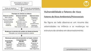 DESENVOLVIMENTO INFANTIL E PLASTICIDADE CEREBRAL
portaldeboaspraticas.iff.fiocruz.br
Vulnerabilidade e fatores de risco
Fatores de Risco Ambientais/Psicossociais
Na figura ao lado observa-se um resumo das
adversidades na infância e as mudanças na
estrutura do cérebro em desenvolvimento.
 