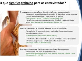 O que significa trabalho para os entrevistados?
É, inegavelmente, uma fonte de sobrevivência e independência:
Vem a suprir necessidades de alimentação, de diversão e, muitas vezes, de
moradia, além de viabilizar a concretização de sonhos;
“eu preciso, moro sozinha”/ “trabalho é meu ganha-pão” (M)

É uma ferramenta que proporciona maior liberdade e a autonomia do
jovem;“Moro só e meus pais não me bancam. Sou livre ”(H)

Mas para a maioria, é também fonte de prazer e satisfação:
Traz vivências de reconhecimento e realização - fundamentais para a
nutrição da auto-estima;
“é minha gasolina” (M)/ “não me imagino sem” (H)

Formata e ‘enobrece’ o caráter do jovem, nutrindo-o com valores sociais
relevantes, propiciando o amadurecimento, crescimento;
“Faz o papel dos pais na idade adulta” (H)

Apenas pontualmente é visto como uma obrigação (ênfase homens):
Algo ‘custoso’, que toma o tempo e aborrece;
“com certeza estaria fazendo outras coisas se eu não tivesse que trabalhar. Estaria
viajando, curtindo a vida” (H)

 