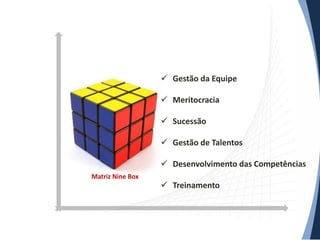  Gestão da Equipe
 Meritocracia

 Sucessão
 Gestão de Talentos

 Desenvolvimento das Competências
Matriz Nine Box

 Treinamento

 