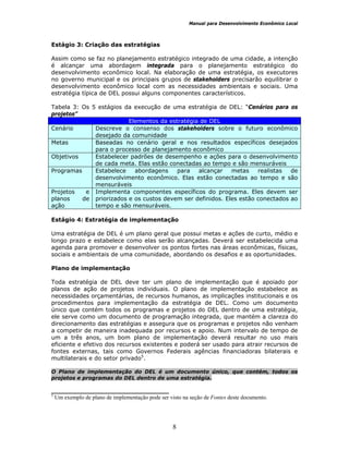 Manual para Desenvolvimento Econômico Local
8
Estágio 3: Criação das estratégias
Assim como se faz no planejamento estratégico integrado de uma cidade, a intenção
é alcançar uma abordagem integrada para o planejamento estratégico do
desenvolvimento econômico local. Na elaboração de uma estratégia, os executores
no governo municipal e os principais grupos de stakeholders precisarão equilibrar o
desenvolvimento econômico local com as necessidades ambientais e sociais. Uma
estratégia típica de DEL possui alguns componentes característicos.
Tabela 3: Os 5 estágios da execução de uma estratégia de DEL: “Cenários para os
projetos”
Elementos da estratégia de DEL
Cenário Descreve o consenso dos stakeholders sobre o futuro econômico
desejado da comunidade
Metas Baseadas no cenário geral e nos resultados específicos desejados
para o processo de planejamento econômico
Objetivos Estabelecer padrões de desempenho e ações para o desenvolvimento
de cada meta. Elas estão conectadas ao tempo e são mensuráveis
Programas Estabelece abordagens para alcançar metas realistas de
desenvolvimento econômico. Elas estão conectadas ao tempo e são
mensuráveis
Projetos e
planos de
ação
Implementa componentes específicos do programa. Eles devem ser
priorizados e os custos devem ser definidos. Eles estão conectados ao
tempo e são mensuráveis.
Estágio 4: Estratégia de implementação
Uma estratégia de DEL é um plano geral que possui metas e ações de curto, médio e
longo prazo e estabelece como elas serão alcançadas. Deverá ser estabelecida uma
agenda para promover e desenvolver os pontos fortes nas áreas econômicas, físicas,
sociais e ambientais de uma comunidade, abordando os desafios e as oportunidades.
Plano de implementação
Toda estratégia de DEL deve ter um plano de implementação que é apoiado por
planos de ação de projetos individuais. O plano de implementação estabelece as
necessidades orçamentárias, de recursos humanos, as implicações institucionais e os
procedimentos para implementação da estratégia de DEL. Como um documento
único que contém todos os programas e projetos do DEL dentro de uma estratégia,
ele serve como um documento de programação integrada, que mantém a clareza do
direcionamento das estratégias e assegura que os programas e projetos não venham
a competir de maneira inadequada por recursos e apoio. Num intervalo de tempo de
um a três anos, um bom plano de implementação deverá resultar no uso mais
eficiente e efetivo dos recursos existentes e poderá ser usado para atrair recursos de
fontes externas, tais como Governos Federais agências financiadoras bilaterais e
multilaterais e do setor privado5
.
O Plano de implementação do DEL é um documento único, que contém, todos os
projetos e programas do DEL dentro de uma estratégia.
_____________________________
5
Um exemplo de plano de implementação pode ser visto na seção de Fontes deste documento.
 