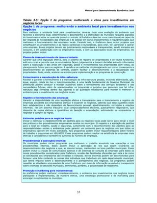 Manual para Desenvolvimento Econômico Local
35
Tabela 3.5: Opção 1 de programa: melhorando o clima para investimentos em
negócios locais
Opção 1 de programa: melhorando o ambiente local para investimentos nos
negócios
Para melhorar o ambiente local para investimentos, deve-se fazer uma avaliação do ambiente que
favorece a economia local, determinando o desempenho e a efetividade do município naqueles aspectos
do investimento sobre os quais ele possui o controle. A Prefeitura deve ter como meta tornar-se capaz de
dar resposta às necessidades das empresas e de colocar em curso procedimentos e regulamentações que
melhorem o funcionamento das empresas locais. Fazendo isso, a Prefeitura deve incluir projetos que
simplifiquem os procedimentos e as regras opressivas e burocráticas, para criar, ter, gerenciar e operar
uma empresa. Esses projetos devem ser publicamente responsáveis e transparentes, sendo iniciados em
conjunto, e em colaboração com os empresários locais, e com as associações locais de empresários. Os
projetos podem incluir:
Planos de desenvolvimento de terras e imóveis:
Garantir que uma legislação efetiva, para o sistema de registro de propriedades e de títulos fundiários,
está em curso e permite que os empresários façam julgamentos e tomem decisões estando informados
sobre a localização e das áreas em expansão, posse e investimentos nas propriedades com vistas, ao
planejamento futuro para os negócios. A revisão e as melhorias do planejamento em curso, zoneamento e
desenvolvimento de sistemas de controle, podem facilitar o desenvolvimento e a recuperação das
propriedades. Pode, ainda, acelerar os acordos para implementação e os programas de construção.
Fornecimento e manutenção da infra-estrutura:
Facilitar e garantir o fornecimento e a manutenção da infra-estrutura pesada, incluindo eletricidade, gás,
água, esgoto, coleta do lixo e telecomunicações, é uma tarefa fundamental do Governo Municipal. As
prefeituras podem conduzir e realizar auditorias sobre o fornecimento dos serviços existentes e das
necessidades futuras, além de operacionalizar os programas e projetos que garantam que tal infra-
estrutura seja fornecida dentro dos padrões e da qualidade necessários para manter e melhorar o
ambiente para o investimento nos negócios locais.
Registro e licenciamento das empresas:
Garantir a disponibilidade de uma legislação efetiva e transparente para o licenciamento e registro de
empresas possibilita aos empresários planejar e expandir os negócios, sabendo que essas questões estão
bem estabelecidas e não dependem de favorecimento pessoal, apadrinhamento, corrupção e relações
informais. Ter um sistema tributário local comprovadamente eficiente, publicamente responsável, que
disponha de meios efetivos e igualitários de taxação e arrecadação, estimulando os empresários a
respeitar e cumprir as regras.
Estimular padrões para os negócios locais:
Iniciar e estimular o estabelecimento de padrões para os negócios locais pode servir para elevar o nível
das práticas e dos procedimentos empresariais aceitos no município. O respeito e a aceitação de padrões
para o local de trabalho, saúde e segurança, juntamente com o reconhecimento dos padrões para as
responsabilidades sociais e ambientais pode garantir um ambiente para os negócios em que todos os
empresários operam em níveis aceitáveis. Tais programas podem incluir regulamentações sobre horário
de trabalho e programas em HIV/AIDS. Esses programas podem resultar na existência de empresas mais
efetivas e consistentes e também no aumento do número de empregos.
Procedimentos e operações internas:
Os municípios podem iniciar programas que melhorem o trabalho envolvido nas operações e nos
procedimentos internos. Esses podem incluir a aprovação de leis que sejam favoráveis ao
desenvolvimento dos negócios e que, ao mesmo tempo, mantenham os bons padrões municipais. Esses
podem incluir a criação de comunicados públicos e de sistemas de consulta às empresas para todos os
novos procedimentos considerados pela Prefeitura, revisão das facilidades oferecidas por esta e de como
as solicitações dos empresários são recebidas e tratadas. Novos sistemas podem ser desenvolvidos para
fornecer uma lista contendo os nomes dos indivíduos que trabalham em cada departamento municipal,
que tenha impacto sobre o desenvolvimento e o planejamento dos negócios. Os programas podem
ressaltar as atividades empresariais da uma Prefeitura, por meio de informação acessível e transparente
sobre a tomada de decisões municipais, eliminando, portanto, a possibilidade de nepotismo.
Promoção e marketing para investimentos:
As prefeituras podem melhorar, consideravelmente, o ambiente dos investimentos nos negócios locais
planejando e implementando, de maneira efetiva, uma estratégia promocional e de marketing para
encorajar investimentos no município.
 
