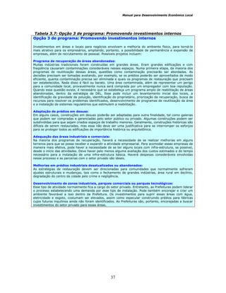 Manual para Desenvolvimento Econômico Local
37
Tabela 3.7: Opção 3 de programa: Promovendo investimentos internos
Opção 3 de programa: Promovendo investimentos internos
Investimentos em áreas e locais para negócios envolvem a melhoria do ambiente físico, para torná-lo
mais atrativo para os empresários, ampliando, portanto, a possibilidade de permanência e expansão de
empresas, além de recrutamento de pessoal. Possíveis projetos incluem:
Programa de recuperação de áreas abandonadas:
Muitas indústrias tradicionais foram construídas em grandes áreas. Eram grandes edificações e com
freqüência causaram contaminações consideráveis nesses espaços. Numa primeira etapa, da maioria dos
programas de reutilização dessas áreas, questões como contaminação precisarão ser abordadas. As
decisões precisam ser tomadas avaliando, por exemplo, se os prédios poderão ser aproveitados de modo
eficiente, quanta contaminação precisa ser eliminada e quais os programas de restauração que precisam
ser estabelecidos. Nada disso é fácil ou barato. Uma área contaminada, além de representar um perigo
para a comunidade local, provavelmente nunca será comprada por um empregador com boa reputação.
Quando essa questão existe, é necessário que se estabeleça um programa amplo de reabilitação de áreas
abandonadas, dentro da estratégia de DEL. Esse pode incluir um levantamento inicial dos locais, a
identificação da gravidade da poluição, identificação do proprietário, priorização da recuperação, busca de
recursos para resolver os problemas identificados, desenvolvimento de programas de reutilização da área
e a instalação de sistemas regulatórios que estimulem a reabilitação.
Adaptação de prédios em desuso:
Em alguns casos, construções em desuso poderão ser adaptadas para outra finalidade, tal como galerias
que podem ser compradas e gerenciadas pelo setor público ou privado. Algumas construções podem ser
subdivididas para que sejam criados espaços de trabalho menores. Geralmente, construções históricas são
difíceis de serem restauradas, mas essa não deve ser uma justificativa para se interromper os esforços
para se proteger todos as edificações de importância histórica ou arquitetônica.
Adequação das áreas industriais e comerciais:
Na maioria dos programas de recuperação, haverá a necessidade de se realizar melhorias em alguns
terrenos para que se possa receber e expandir a atividade empresarial. Para acomodar essas empresas de
maneira mais efetiva, pode haver a necessidade de se ter alguns locais com infra-estrutura, se possível,
desde o início das atividades. Deve haver pelo menos alguma avaliação dos custos estimados e do tempo
necessário para a instalação de uma infra-estrutura básica. Haverá despesas consideráveis envolvidas
nesse processo e as parcerias com o setor privado são ideais.
Melhorias em prédios industriais desatualizados ou abandonados:
As estratégias de restauração devem ser direcionadas para comunidades que normalmente sofreram
ajustes estruturais e mudanças, tais como o fechamento de grandes indústrias, área rural em declínio,
degradação do centro da cidade pelo crime e negligência.
Desenvolvimento de zonas industriais, parques comerciais ou parques tecnológicos:
Esse tipo de atividade normalmente fica a cargo do setor privado. Entretanto, as Prefeituras podem liderar
o processo estabelecendo uma demanda por esse tipo de instalação. Pode também encorajar e criar um
ambiente favorável a isso dentro da Prefeitura. Os investimentos para suprir essas áreas com água,
eletricidade e esgoto, costumam ser elevados, assim como especular construindo prédios para fábricas
cujos futuros inquilinos ainda não foram identificados. As Prefeituras são, portanto, encorajadas a buscar
investimentos do setor privado para essas áreas.
 