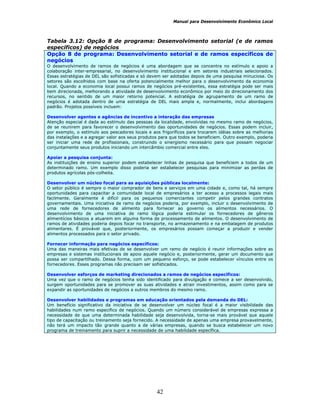 Manual para Desenvolvimento Econômico Local
42
Tabela 3.12: Opção 8 de programa: Desenvolvimento setorial (e de ramos
específicos) de negócios
Opção 8 de programa: Desenvolvimento setorial e de ramos específicos de
negócios
O desenvolvimento de ramos de negócios é uma abordagem que se concentra no estímulo e apoio a
colaboração inter-empresarial, no desenvolvimento institucional e em setores industriais selecionados.
Essas estratégias de DEL são sofisticadas e só devem ser adotadas depois de uma pesquisa minuciosa. Os
setores são escolhidos com base na oferta potencialmente melhor para o desenvolvimento da economia
local. Quando a economia local possui ramos de negócios pré-existentes, essa estratégia pode ser mais
bem direcionada, melhorando a atividade de desenvolvimento econômico por meio do direcionamento dos
recursos, no sentido de um maior retorno potencial. A estratégia de agrupamento de um ramo de
negócios é adotada dentro de uma estratégia de DEL mais ampla e, normalmente, inclui abordagens
padrão. Projetos possíveis incluem:
Desenvolver agentes e agências de incentivo a interação das empresas
Atenção especial é dada ao estímulo das pessoas da localidade, envolvidas no mesmo ramo de negócios,
de se reunirem para favorecer o desenvolvimento das oportunidades de negócios. Essas podem incluir,
por exemplo, o estímulo aos pescadores locais e aos frigoríficos para trocarem idéias sobre as melhorias
das instalações e a agregar valor aos seus produtos para que todos se beneficiem. Outro exemplo, poderia
ser iniciar uma rede de profissionais, construindo o sinergismo necessário para que possam negociar
conjuntamente seus produtos iniciando um intercâmbio comercial entre eles.
Apoiar a pesquisa conjunta:
As instituições de ensino superior podem estabelecer linhas de pesquisa que beneficiem a todos de um
determinado ramo. Um exemplo disso poderia ser estabelecer pesquisas para minimizar as perdas de
produtos agrícolas pós-colheita.
Desenvolver um núcleo focal para as aquisições públicas localmente:
O setor público é sempre o maior comprador de bens e serviços em uma cidade e, como tal, há sempre
oportunidades para capacitar a comunidade local de empresários a ter acesso a processos legais mais
facilmente. Geralmente é difícil para os pequenos comerciantes competir pelos grandes contratos
governamentais. Uma iniciativa de ramo de negócios poderia, por exemplo, incluir o desenvolvimento de
uma rede de fornecedores de alimento para fornecer ao governo os alimentos necessários. O
desenvolvimento de uma iniciativa de ramo lógica poderia estimular os fornecedores de gêneros
alimentícios básicos a atuarem em alguma forma de processamento de alimentos. O desenvolvimento de
ramos de atividades poderia depois focar no transporte, no armazenamento e na embalagem de produtos
alimentares. É provável que, posteriormente, os empresários possam começar a produzir e vender
alimentos processados para o setor privado.
Fornecer informação para negócios específicos:
Uma das maneiras mais efetivas de se desenvolver um ramo de negócio é reunir informações sobre as
empresas e sistemas institucionais de apoio aquele negócio e, posteriormente, gerar um documento que
possa ser compartilhado. Dessa forma, com um pequeno esforço, se pode estabelecer vínculos entre os
fornecedores. Esses programas não precisam ser sofisticados.
Desenvolver esforços de marketing direcionados a ramos de negócios específicos:
Uma vez que o ramo de negócios tenha sido identificado para divulgação e comece a ser desenvolvido,
surgem oportunidades para se promover as suas atividades e atrair investimentos, assim como para se
expandir as oportunidades de negócios a outros membros do mesmo ramo.
Desenvolver habilidades e programas em educação orientados pela demanda do DEL:
Um benefício significativo da iniciativa de se desenvolver um núcleo focal é a maior visibilidade das
habilidades num ramo especifico de negócios. Quando um número considerável de empresas expressa a
necessidade de que uma determinada habilidade seja desenvolvida, torna-se mais provável que aquele
tipo de capacitação ou treinamento seja fornecido. A necessidade de apenas uma empresa provavelmente,
não terá um impacto tão grande quanto a de várias empresas, quando se busca estabelecer um novo
programa de treinamento para suprir a necessidade de uma habilidade específica.
 