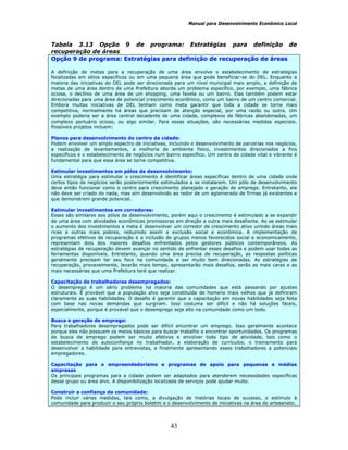 Manual para Desenvolvimento Econômico Local
43
Tabela 3.13 Opção 9 de programa: Estratégias para definição de
recuperação de áreas
Opção 9 de programa: Estratégias para definição de recuperação de áreas
A definição de metas para a recuperação de uma área envolve o estabelecimento de estratégias
focalizadas em sítios específicos ou em uma pequena área que pode beneficiar-se do DEL. Enquanto a
maioria das iniciativas do DEL pode ser direcionada para um nível municipal mais amplo, a definição de
metas de uma área dentro de uma Prefeitura aborda um problema específico, por exemplo, uma fábrica
ociosa, o declínio de uma área de um shopping, uma favela ou um bairro. Elas também podem estar
direcionadas para uma área de potencial crescimento econômico, como um bairro de um centro comercial.
Embora muitas iniciativas de DEL tenham como meta garantir que toda a cidade se torne mais
competitiva, normalmente há áreas que precisam de atenção especial, por uma razão ou outra. Um
exemplo poderia ser a área central decadente de uma cidade, complexos de fábricas abandonadas, um
complexo portuário ocioso, ou algo similar. Para essas situações, são necessárias medidas especiais.
Possíveis projetos incluem:
Planos para desenvolvimento do centro da cidade:
Podem envolver um amplo espectro de iniciativas, incluindo o desenvolvimento de parcerias nos negócios,
a realização de levantamentos, a melhoria do ambiente físico, investimentos direcionados a fins
específicos e o estabelecimento de negócios num bairro específico. Um centro de cidade vital e vibrante é
fundamental para que essa área se torne competitiva.
Estimular investimentos em pólos de desenvolvimento:
Uma estratégia para estimular o crescimento é identificar áreas específicas dentro de uma cidade onde
certos tipos de negócios serão posteriormente estimulados a se instalarem. Um pólo de desenvolvimento
deve então funcionar como o centro para crescimento planejado e geração de emprego. Entretanto, ele
não deve ser criado do nada, mas sim desenvolvido ao redor de um aglomerado de firmas já existentes e
que demonstrem grande potencial.
Estimular investimentos em corredores:
Esses são similares aos pólos de desenvolvimento, porém aqui o crescimento é estimulado a se expandir
de uma área com atividades econômicas promissoras em direção a outra mais desafiante. Ao se estimular
o aumento dos investimentos a meta é desenvolver um corredor de crescimento ativo unindo áreas mais
ricas a outras mais pobres, reduzindo assim a exclusão social e econômica. A implementação de
programas efetivos de recuperação e a inclusão de grupos menos favorecidos social e economicamente,
representam dois dos maiores desafios enfrentados pelos gestores públicos contemporâneos. As
estratégias de recuperação devem avançar no sentido de enfrentar esses desafios e podem usar todas as
ferramentas disponíveis. Entretanto, quando uma área precisa de recuperação, as respostas políticas
geralmente precisam ter seu foco na comunidade e ser muito bem direcionadas. As estratégias de
recuperação, provavelmente, levarão mais tempo, apresentarão mais desafios, serão as mais caras e as
mais necessárias que uma Prefeitura terá que realizar.
Capacitação de trabalhadores desempregados:
O desemprego é um sério problema na maioria das comunidades que está passando por ajustes
estruturais. É provável que a população alvo seja constituída de homens mais velhos que já definiram
claramente as suas habilidades. O desafio é garantir que a capacitação em novas habilidades seja feita
com base nas novas demandas que surgiram. Isso costuma ser difícil e não há soluções fáceis,
especialmente, porque é provável que o desemprego seja alto na comunidade como um todo.
Busca e geração de emprego:
Para trabalhadores desempregados pode ser difícil encontrar um emprego. Isso geralmente acontece
porque eles não possuem os meios básicos para buscar trabalho e encontrar oportunidades. Os programas
de busca de emprego podem ser muito efetivos e envolver todo tipo de atividade, tais como o
estabelecimento de autoconfiança no trabalhador, a elaboração de currículos, o treinamento para
desenvolver a habilidade para entrevistas, e finalmente apresentando esses trabalhadores a potenciais
empregadores.
Capacitação para o empreendedorismo e programas de apoio para pequenas e médias
empresas
Os principais programas para a cidade podem ser adaptados para atenderem necessidades específicas
desse grupo ou área alvo. A disponibilização localizada de serviços pode ajudar muito.
Construir a confiança da comunidade:
Pode incluir várias medidas, tais como, a divulgação de histórias locais de sucesso, o estímulo à
comunidade para produzir o seu próprio boletim e o desenvolvimento de iniciativas na área do artesanato.
 