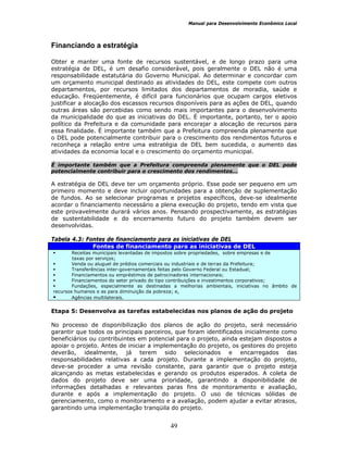 Manual para Desenvolvimento Econômico Local
49
Financiando a estratégia
Obter e manter uma fonte de recursos sustentável, e de longo prazo para uma
estratégia de DEL, é um desafio considerável, pois geralmente o DEL não é uma
responsabilidade estatutária do Governo Municipal. Ao determinar e concordar com
um orçamento municipal destinado as atividades do DEL, este compete com outros
departamentos, por recursos limitados dos departamentos de moradia, saúde e
educação. Freqüentemente, é difícil para funcionários que ocupam cargos eletivos
justificar a alocação dos escassos recursos disponíveis para as ações de DEL, quando
outras áreas são percebidas como sendo mais importantes para o desenvolvimento
da municipalidade do que as iniciativas do DEL. É importante, portanto, ter o apoio
político da Prefeitura e da comunidade para encorajar a alocação de recursos para
essa finalidade. É importante também que a Prefeitura compreenda plenamente que
o DEL pode potencialmente contribuir para o crescimento dos rendimentos futuros e
reconheça a relação entre uma estratégia de DEL bem sucedida, o aumento das
atividades da economia local e o crescimento do orçamento municipal.
É importante também que a Prefeitura compreenda plenamente que o DEL pode
potencialmente contribuir para o crescimento dos rendimentos...
A estratégia de DEL deve ter um orçamento próprio. Esse pode ser pequeno em um
primeiro momento e deve incluir oportunidades para a obtenção de suplementação
de fundos. Ao se selecionar programas e projetos específicos, deve-se idealmente
acordar o financiamento necessário a plena execução do projeto, tendo em vista que
este provavelmente durará vários anos. Pensando prospectivamente, as estratégias
de sustentabilidade e do encerramento futuro do projeto também devem ser
desenvolvidas.
Tabela 4.3: Fontes de financiamento para as iniciativas de DEL
Fontes de financiamento para as iniciativas de DEL
Receitas municipais levantadas de impostos sobre propriedades, sobre empresas e de
taxas por serviços;
Venda ou aluguel de prédios comerciais ou industriais e de terras da Prefeitura;
Transferências inter-governamentais feitas pelo Governo Federal ou Estadual;
Financiamentos ou empréstimos de patrocinadores internacionais;
Financiamentos do setor privado do tipo contribuições e investimentos corporativos;
Fundações, especialmente as destinadas a melhorias ambientais, iniciativas no âmbito de
recursos humanos e as para diminuição da pobreza; e,
Agências multilaterais.
Etapa 5: Desenvolva as tarefas estabelecidas nos planos de ação do projeto
No processo de disponibilização dos planos de ação do projeto, será necessário
garantir que todos os principais parceiros, que foram identificados inicialmente como
beneficiários ou contribuintes em potencial para o projeto, ainda estejam dispostos a
apoiar o projeto. Antes de iniciar a implementação do projeto, os gestores do projeto
deverão, idealmente, já terem sido selecionados e encarregados das
responsabilidades relativas a cada projeto. Durante a implementação do projeto,
deve-se proceder a uma revisão constante, para garantir que o projeto esteja
alcançando as metas estabelecidas e gerando os produtos esperados. A coleta de
dados do projeto deve ser uma prioridade, garantindo a disponibilidade de
informações detalhadas e relevantes paras fins de monitoramento e avaliação,
durante e após a implementação do projeto. O uso de técnicas sólidas de
gerenciamento, como o monitoramento e a avaliação, podem ajudar a evitar atrasos,
garantindo uma implementação tranqüila do projeto.
 