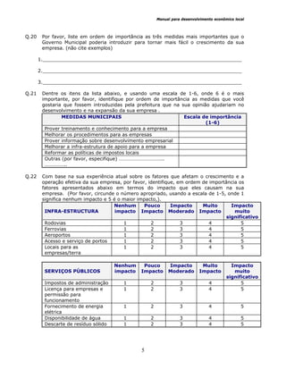 Manual para desenvolvimento econômico local
5
Q.20 Por favor, liste em ordem de importância as três medidas mais importantes que o
Governo Municipal poderia introduzir para tornar mais fácil o crescimento da sua
empresa. (não cite exemplos)
1.___________________________________________________________________
2.___________________________________________________________________
3.___________________________________________________________________
Q.21 Dentre os itens da lista abaixo, e usando uma escala de 1-6, onde 6 é o mais
importante, por favor, identifique por ordem de importância as medidas que você
gostaria que fossem introduzidas pela prefeitura que na sua opinião ajudariam no
desenvolvimento e na expansão da sua empresa .
MEDIDAS MUNICIPAIS Escala de importância
(1-6)
Prover treinamento e conhecimento para a empresa
Melhorar os procedimentos para as empresas
Prover informação sobre desenvolvimento empresarial
Melhorar a infra-estrutura de apoio para a empresa
Reformar as políticas de impostos locais
Outras (por favor, especifique) ……………………………..
……………..
Q.22 Com base na sua experiência atual sobre os fatores que afetam o crescimento e a
operação efetiva da sua empresa, por favor, identifique, em ordem de importância os
fatores apresentados abaixo em termos do impacto que eles causam na sua
empresa. (Por favor, circunde o número apropriado, usando a escala de 1-5, onde 1
significa nenhum impacto e 5 é o maior impacto,).
INFRA-ESTRUCTURA
Nenhum
impacto
Pouco
Impacto
Impacto
Moderado
Muito
Impacto
Impacto
muito
significativo
Rodovias 1 2 3 4 5
Ferrovias 1 2 3 4 5
Aeroportos 1 2 3 4 5
Acesso e serviço de portos 1 2 3 4 5
Locais para as
empresas/terra
1 2 3 4 5
SERVIÇOS PÚBLICOS
Nenhum
impacto
Pouco
Impacto
Impacto
Moderado
Muito
Impacto
Impacto
muito
significativo
Impostos de administração 1 2 3 4 5
Licença para empresas e
permissão para
funcionamento
1 2 3 4 5
Fornecimento de energia
elétrica
1 2 3 4 5
Disponibilidade de água 1 2 3 4 5
Descarte de resíduo sólido 1 2 3 4 5
 