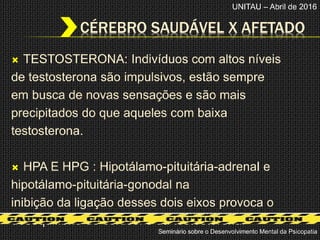  TESTOSTERONA: Indivíduos com altos níveis
de testosterona são impulsivos, estão sempre
em busca de novas sensações e são mais
precipitados do que aqueles com baixa
testosterona.
 HPA E HPG : Hipotálamo-pituitária-adrenal e
hipotálamo-pituitária-gonodal na
inibição da ligação desses dois eixos provoca o
desequilíbrio do cortisol e da testosterona.
CÉREBRO SAUDÁVEL X AFETADO
UNITAU – Abril de 2016
Seminário sobre o Desenvolvimento Mental da Psicopatia
 