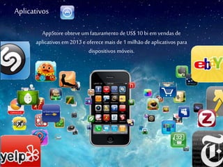 Aplicativos
AppStore obteve um faturamento de US$ 10 bi emvendas de
aplicativos em 2013 e oferece mais de1 milhão deaplicativos para
dispositivos móveis.
 