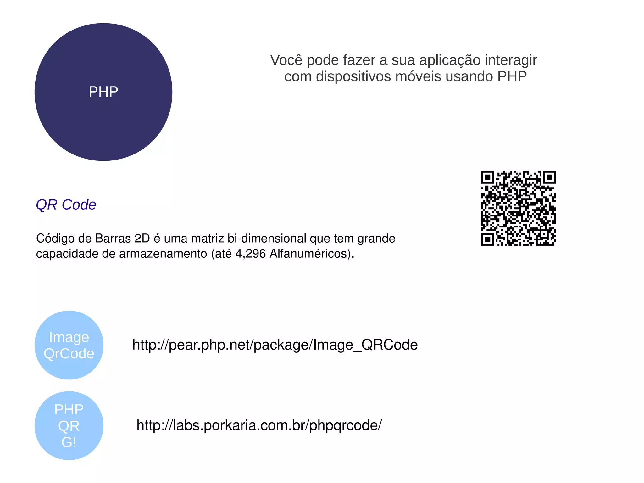 Você pode fazer a sua aplicação interagir
                                          com dispositivos móveis usando PHP
         PHP




QR Code

Código de Barras 2D é uma matriz bi­dimensional que tem grande 
capacidade de armazenamento (até 4,296 Alfanuméricos).




 Image
                http://pear.php.net/package/Image_QRCode  
 QrCode


   PHP
   QR            http://labs.porkaria.com.br/phpqrcode/ 
    G!
 