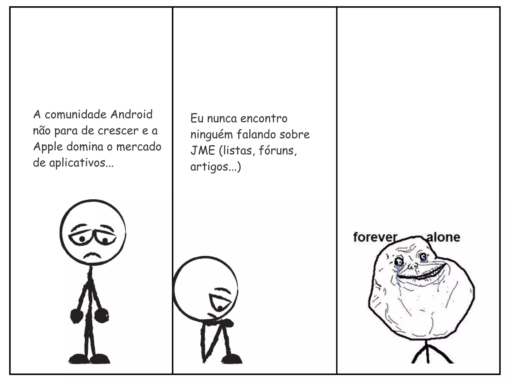 A comunidade Android
não para de crescer e a
Apple domina o mercado
de aplicativos...
Eu nunca encontro
ninguém falando sobre
JME (listas, fóruns,
artigos...)
 