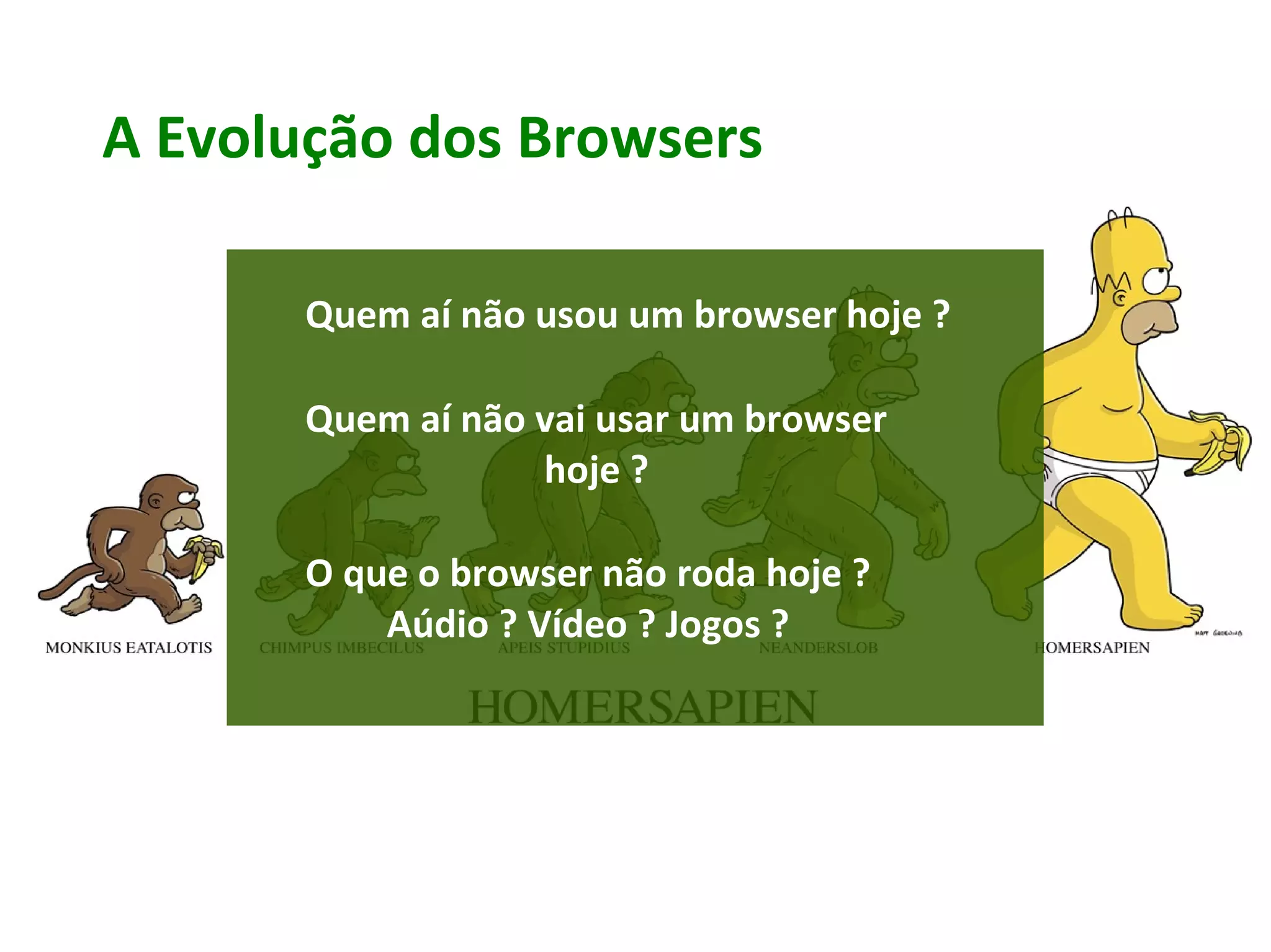 A Evolução dos Browsers
Quem aí não usou um browser hoje ?
Quem aí não vai usar um browser
hoje ?
O que o browser não roda hoje ?
Aúdio ? Vídeo ? Jogos ?
 