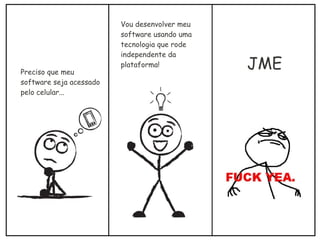 Preciso que meu
software seja acessado
pelo celular...
Vou desenvolver meu
software usando uma
tecnologia que rode
independente da
plataforma! JME
 