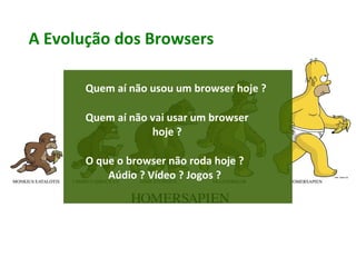 A Evolução dos Browsers

       Quem aí não usou um browser hoje ?

       Quem aí não vai usar um browser
                   hoje ?

       O que o browser não roda hoje ?
           Aúdio ? Vídeo ? Jogos ?
 