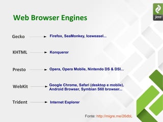 Web Browser Engines

Gecko     Firefox, SeaMonkey, Iceweasel...



KHTML     Konqueror



Presto    Opera, Opera Mobile, Nintendo DS & DSI...



WebKit    Google Chrome, Safari (desktop e mobile),
          Android Browser, Symbian S60 browser...


Trident   Internet Explorer


                              Fonte: http://migre.me/26dbL
 