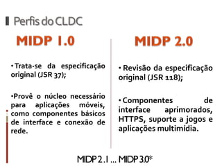 Perfis do CLDC


• Trata-se da especificação      • Revisão da especificação
original (JSR 37);               original (JSR 118);

•Provê o núcleo necessário
                                 • Componentes          de
para aplicações móveis,
como componentes básicos         interface   aprimorados,
de interface e conexão de        HTTPS, suporte a jogos e
rede.                            aplicações multimídia.


                     MIDP 2 .1 ... MIDP 3.0*
 