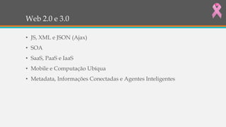 Web 2.0 e 3.0
• JS, XML e JSON (Ajax)
• SOA
• SaaS, PaaS e IaaS
• Mobile e Computação Ubíqua
• Metadata, Informações Conectadas e Agentes Inteligentes
 