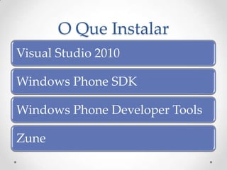 O Que Instalar
Visual Studio 2010

Windows Phone SDK

Windows Phone Developer Tools

Zune
 
