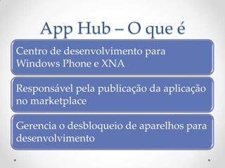 App Hub – O que é
Centro de desenvolvimento para
Windows Phone e XNA

Responsável pela publicação da aplicação
no marketplace

Gerencia o desbloqueio de aparelhos para
desenvolvimento
 