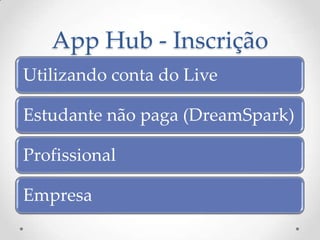 App Hub - Inscrição
Utilizando conta do Live

Estudante não paga (DreamSpark)

Profissional

Empresa
 
