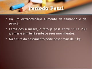 Período Fetal
• Há um extraordinário aumento de tamanho e de
peso é.
• Cerca dos 4 meses, o feto já pesa entre 110 e 230
gramas e a mãe já sente os seus movimentos.
• Na altura do nascimento pode pesar mais de 3 kg.

 