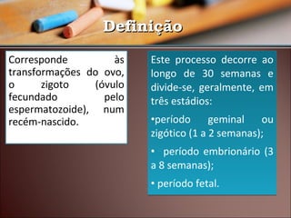 Definição
Corresponde
às
transformações do ovo,
o
zigoto
(óvulo
fecundado
pelo
espermatozoide), num
recém-nascido.

Este processo decorre ao
longo de 30 semanas e
divide-se, geralmente, em
três estádios:
geminal
ou
•período
zigótico (1 a 2 semanas);
• período embrionário (3
a 8 semanas);
• período fetal.

 